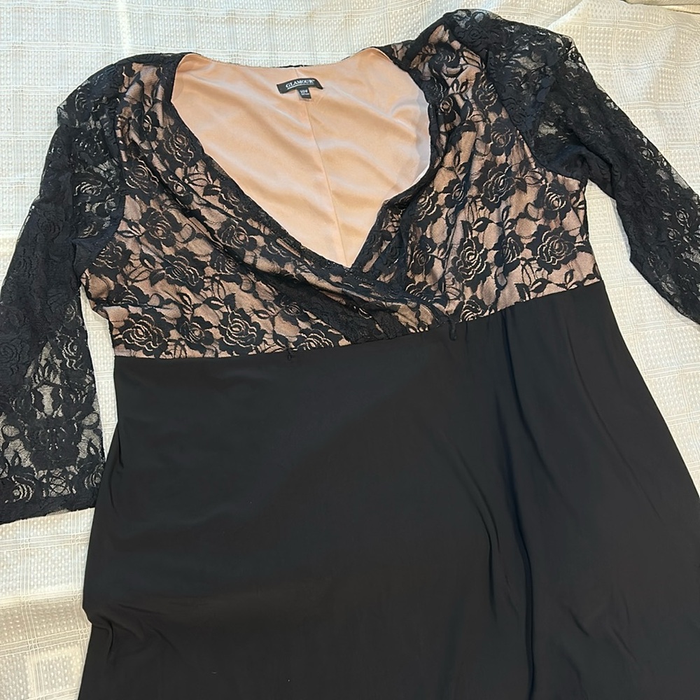 GLAMOUR black dress w/ lace top cross over, long sleeve